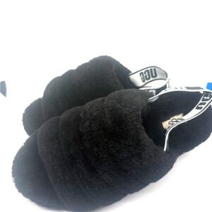 UGG Black Plush Shearling Slide with Logo Sling